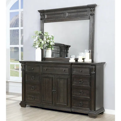 Roundhill Furniture Farson Distressed Dark Walnut Finish Wood Panel Bed, Dresser, Mirror, Two Nightstands
