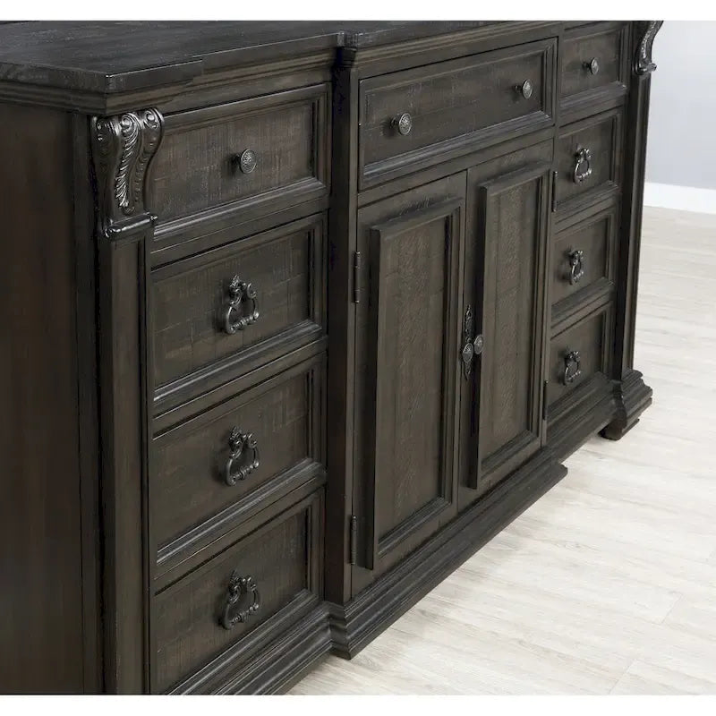 Roundhill Furniture Farson Distressed Dark Walnut Finish Wood Panel Bed, Dresser, Mirror, Two Nightstands