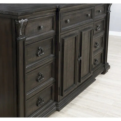 Roundhill Furniture Farson Distressed Dark Walnut Finish Wood Panel Bed, Dresser, Mirror, Two Nightstands