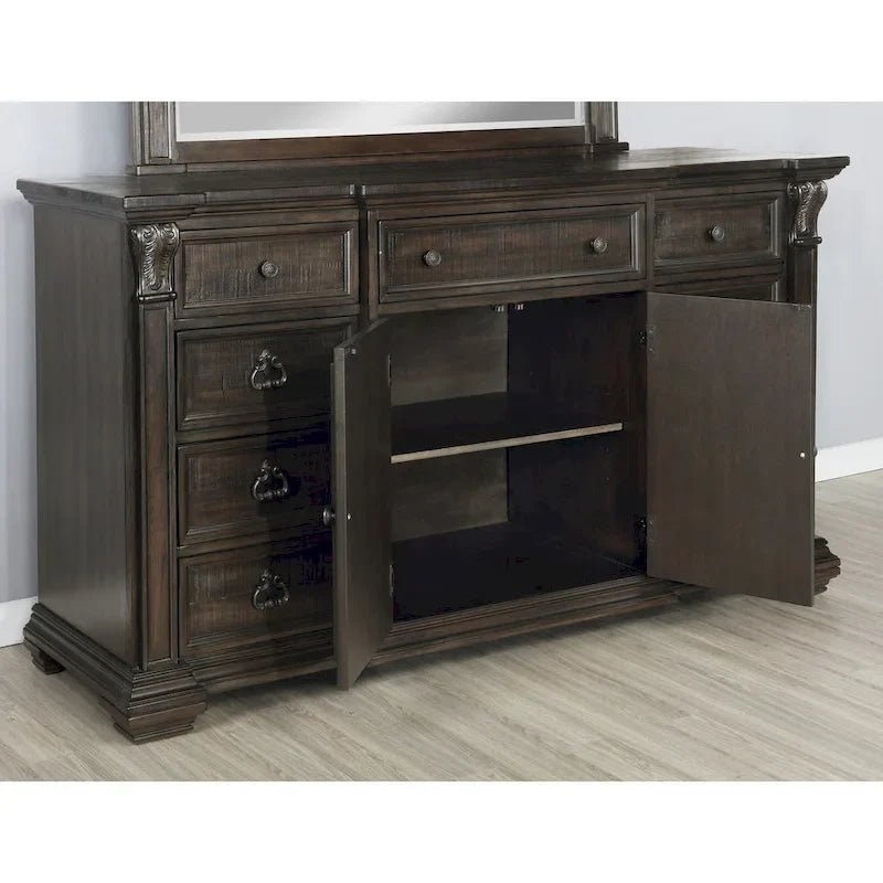 Roundhill Furniture Farson Distressed Dark Walnut Finish Wood Panel Bed, Dresser, Mirror, Two Nightstands