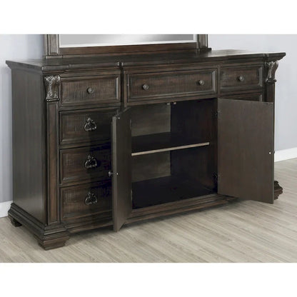 Roundhill Furniture Farson Distressed Dark Walnut Finish Wood Panel Bed, Dresser, Mirror, Two Nightstands