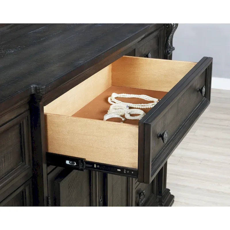 Roundhill Furniture Farson Distressed Dark Walnut Finish Wood Panel Bed, Dresser, Mirror, Two Nightstands