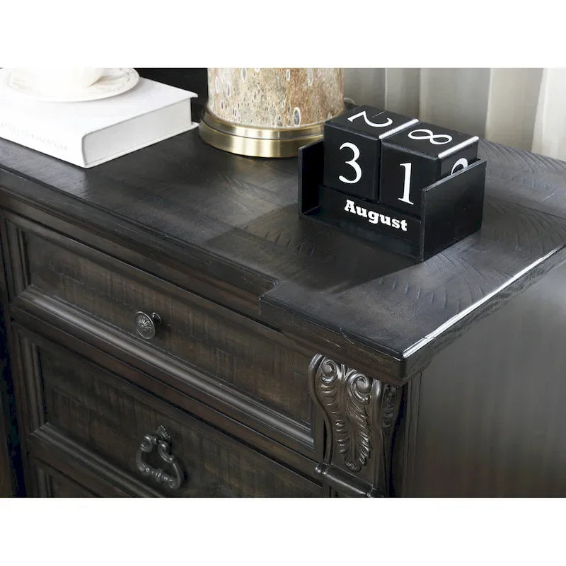 Roundhill Furniture Farson Distressed Dark Walnut Finish Wood Panel Bed, Dresser, Mirror, Two Nightstands