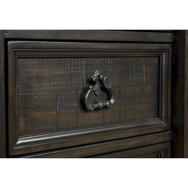 Roundhill Furniture Farson Distressed Dark Walnut Finish Wood Panel Bed, Dresser, Mirror, Two Nightstands