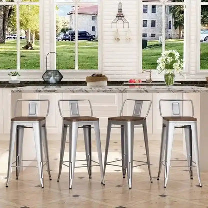 Industrial Metal Barstools Set of 4 Silver with Wooden Seats 24inch - 24inch
