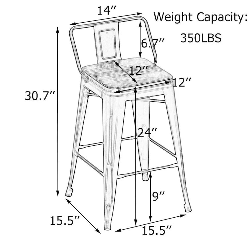 Industrial Metal Barstools Set of 4 Silver with Wooden Seats 24inch - 24inch