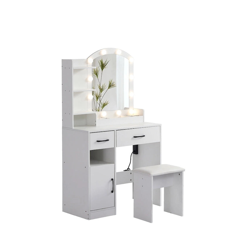 Vanity Table with Lighted Mirror and 3 Drawers and Storage Cabinet