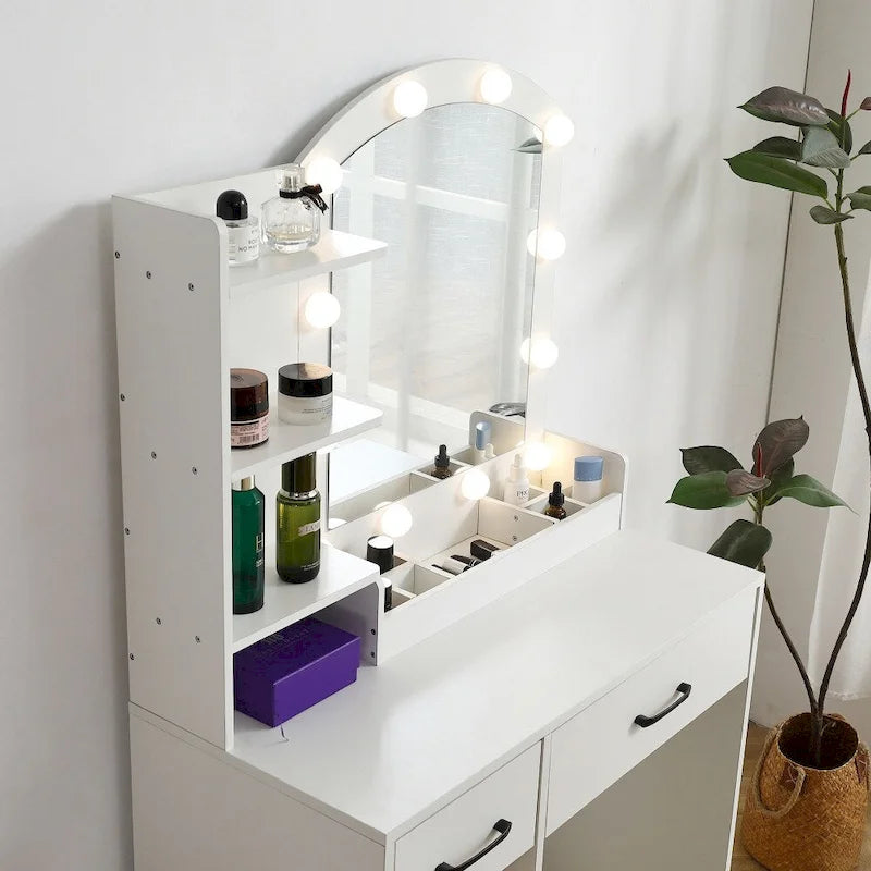 Vanity Table with Lighted Mirror and 3 Drawers and Storage Cabinet