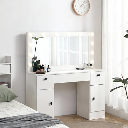 Vanity Table with Lighted Mirror and 3 Drawers and Storage Cabinet
