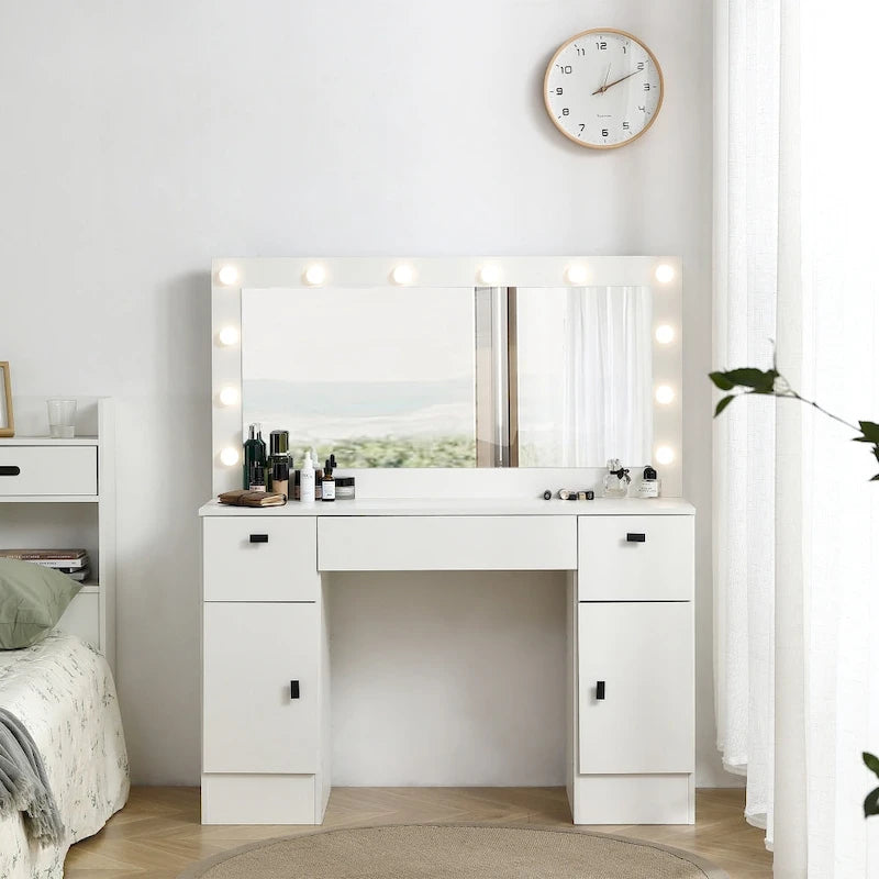 Vanity Table with Lighted Mirror and 3 Drawers and Storage Cabinet