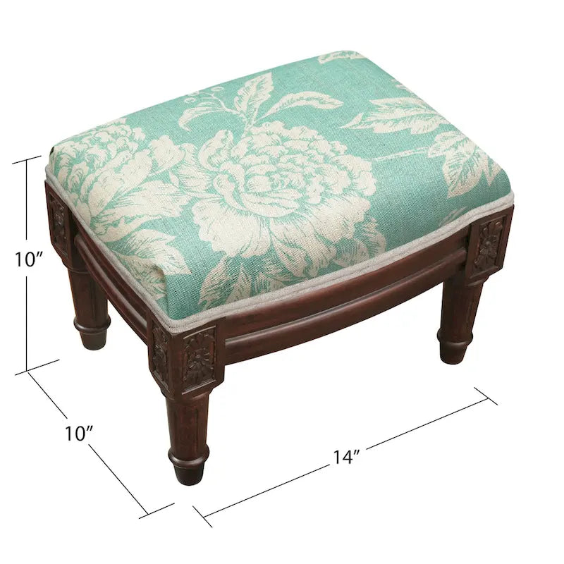 Aqua Peony Footstool with wood stained finish