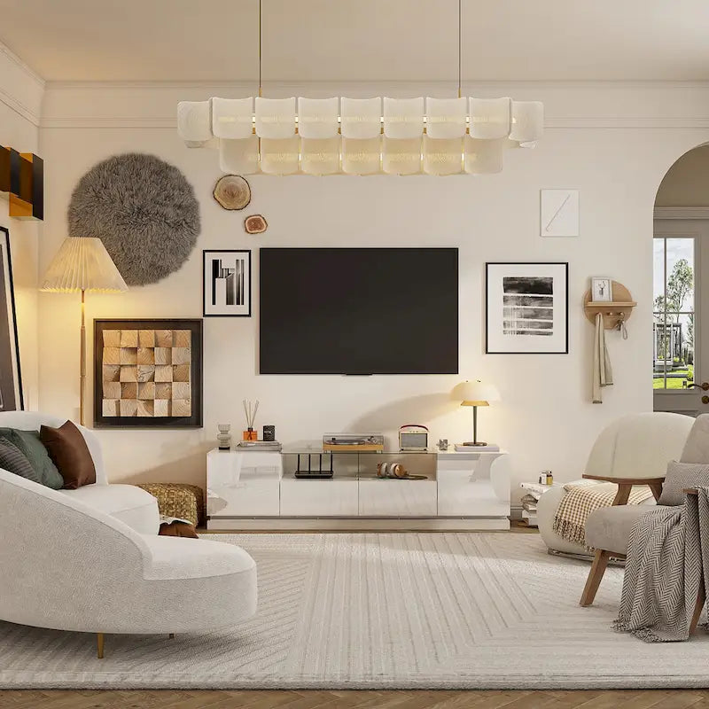 White LED TV Stand 70 TV High Gloss TV Entertainment Center Glass Top