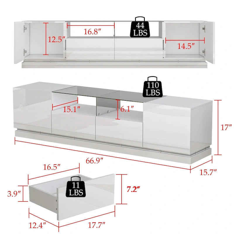 White LED TV Stand 70 TV High Gloss TV Entertainment Center Glass Top