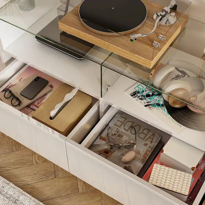 White LED TV Stand 70 TV High Gloss TV Entertainment Center Glass Top