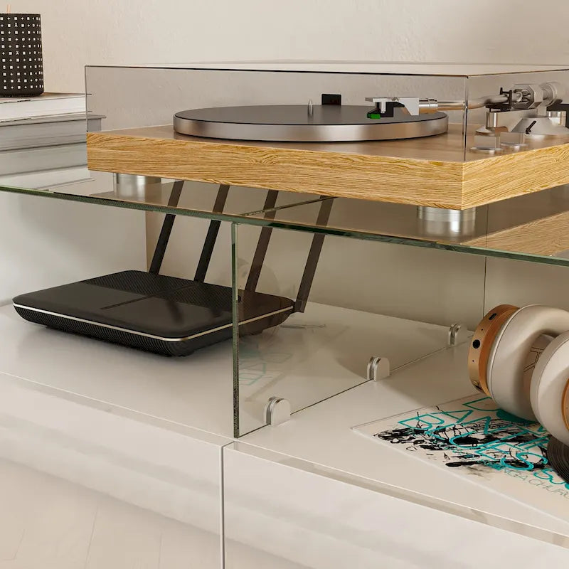 White LED TV Stand 70 TV High Gloss TV Entertainment Center Glass Top