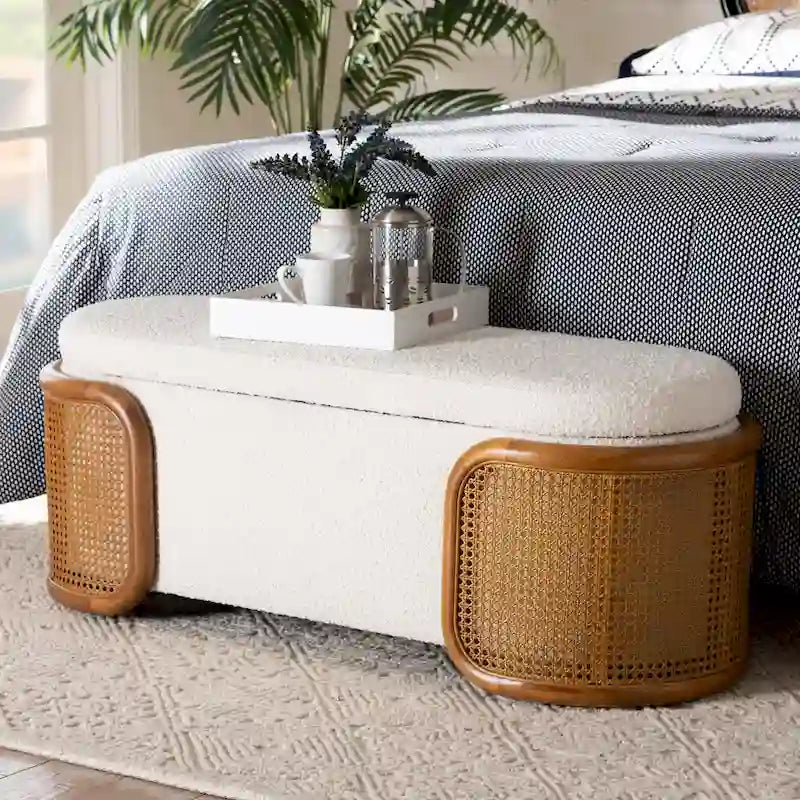 Basira Japandi Cream Boucle Fabric Storage Bench with Woven Rattan