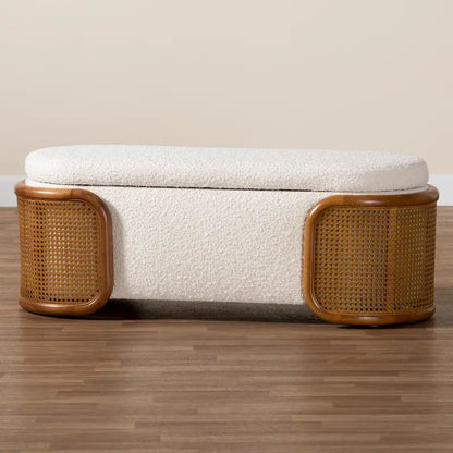 Basira Japandi Cream Boucle Fabric Storage Bench with Woven Rattan