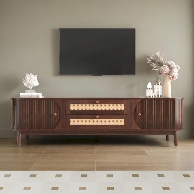Rattan TV Stand for TVs up to 75Modern Farmhouse Media Console,Entertainment Center with Solid Wood Legs