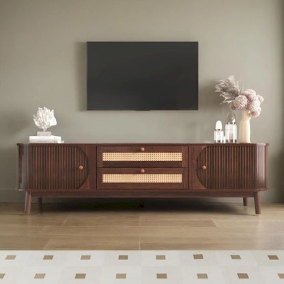 Rattan TV Stand for TVs up to 75Modern Farmhouse Media Console,Entertainment Center with Solid Wood Legs