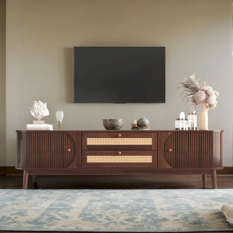 Rattan TV Stand for TVs up to 75Modern Farmhouse Media Console,Entertainment Center with Solid Wood Legs