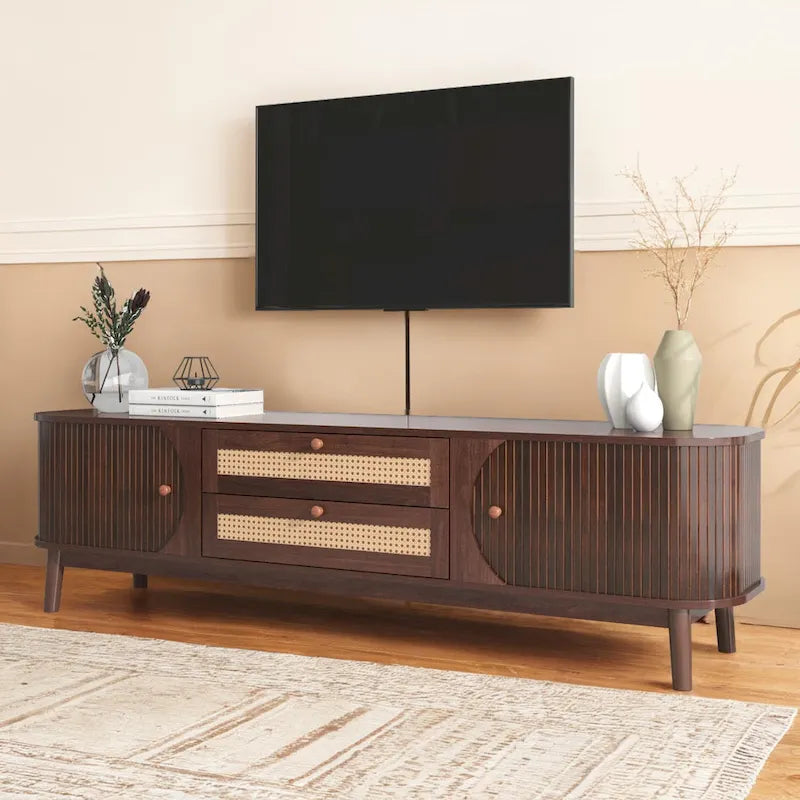 Rattan TV Stand for TVs up to 75Modern Farmhouse Media Console,Entertainment Center with Solid Wood Legs