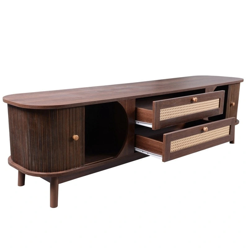Rattan TV Stand for TVs up to 75Modern Farmhouse Media Console,Entertainment Center with Solid Wood Legs