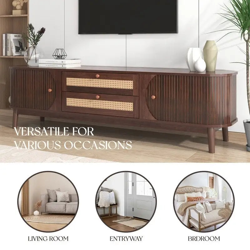 Rattan TV Stand for TVs up to 75Modern Farmhouse Media Console,Entertainment Center with Solid Wood Legs