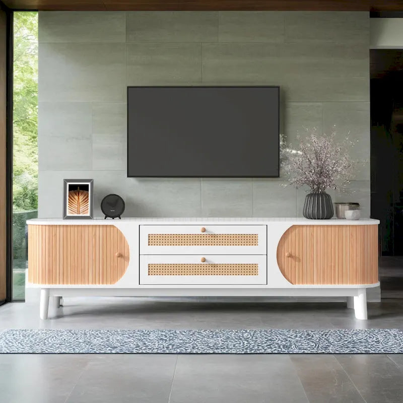 Rattan TV Stand for TVs up to 75Modern Farmhouse Media Console,Entertainment Center with Solid Wood Legs