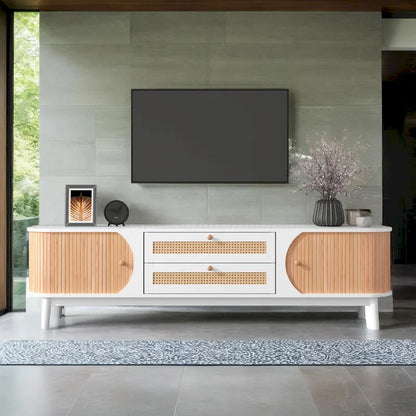 Rattan TV Stand for TVs up to 75Modern Farmhouse Media Console,Entertainment Center with Solid Wood Legs