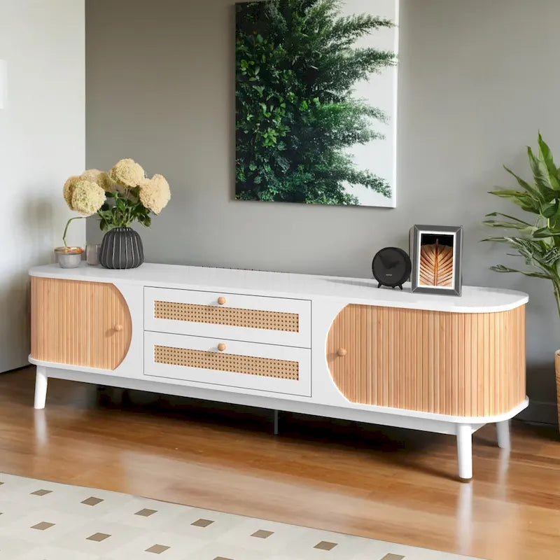 Rattan TV Stand for TVs up to 75Modern Farmhouse Media Console,Entertainment Center with Solid Wood Legs