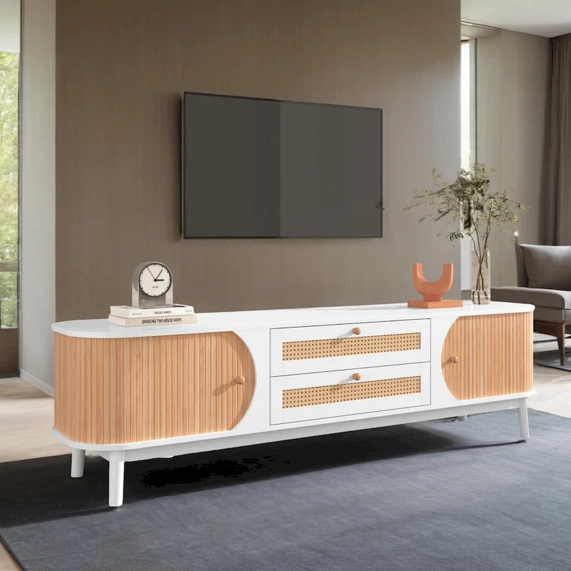 Rattan TV Stand for TVs up to 75Modern Farmhouse Media Console,Entertainment Center with Solid Wood Legs