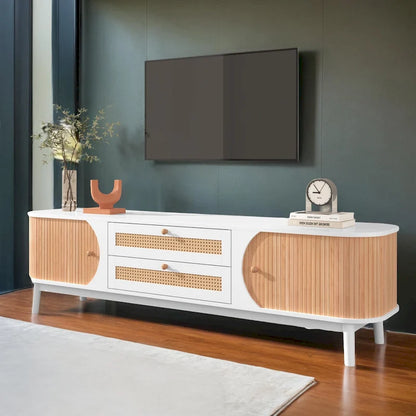 Rattan TV Stand for TVs up to 75Modern Farmhouse Media Console,Entertainment Center with Solid Wood Legs