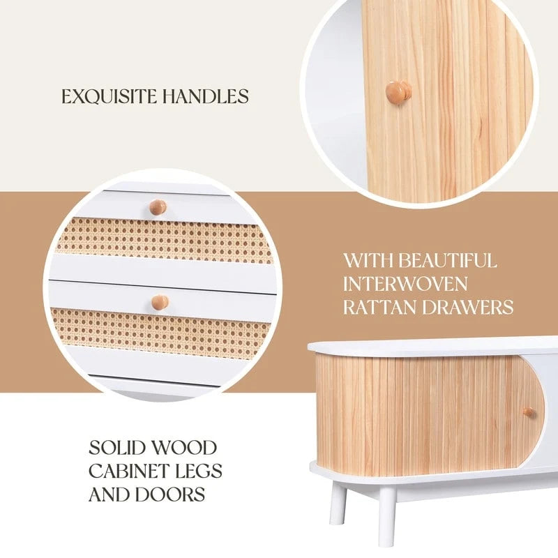 Rattan TV Stand for TVs up to 75Modern Farmhouse Media Console,Entertainment Center with Solid Wood Legs