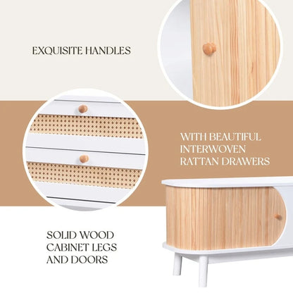 Rattan TV Stand for TVs up to 75Modern Farmhouse Media Console,Entertainment Center with Solid Wood Legs