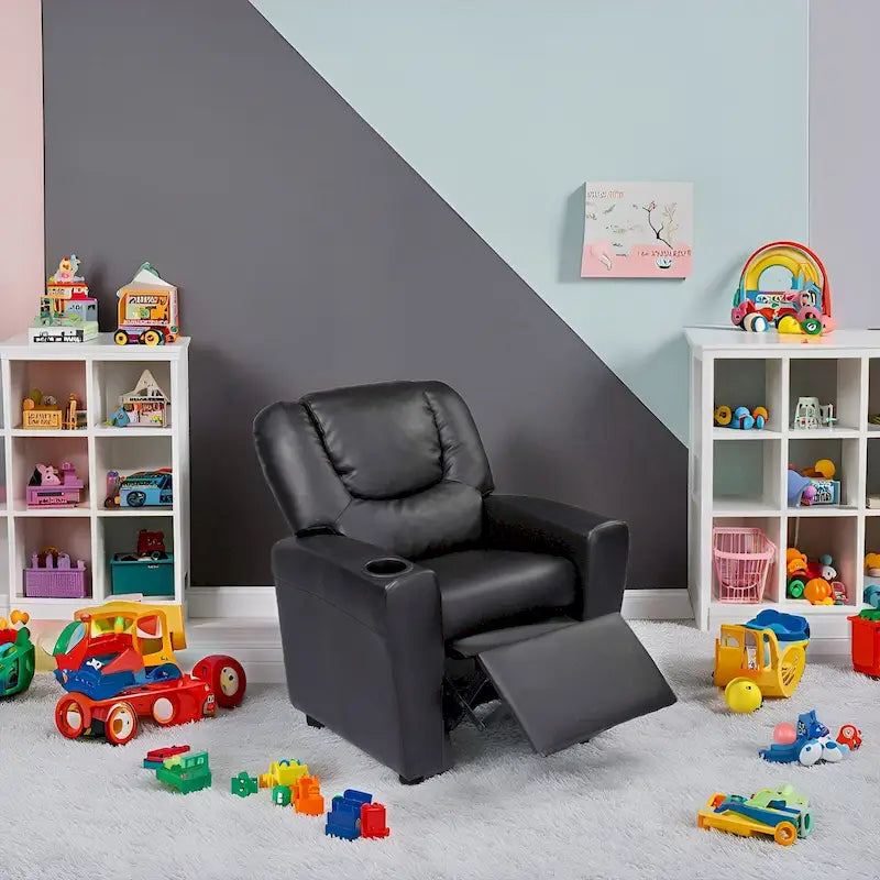 PVC Kids Recliner Chair with Push-Back Reclining Function, Cup Holder, and Comfortable Footres