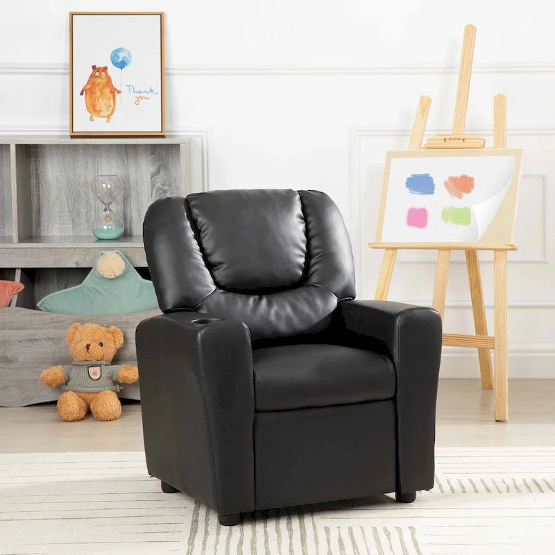 PVC Kids Recliner Chair with Push-Back Reclining Function, Cup Holder, and Comfortable Footres