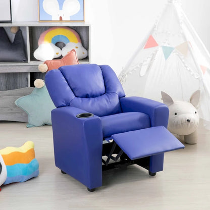 PVC Kids Recliner Chair with Push-Back Reclining Function, Cup Holder, and Comfortable Footres