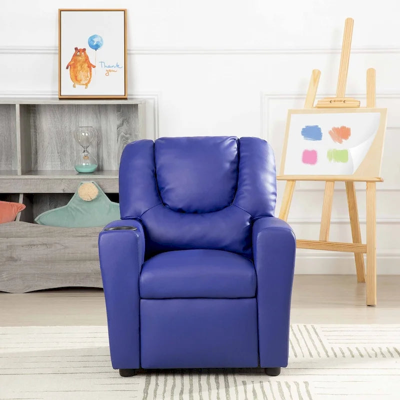 PVC Kids Recliner Chair with Push-Back Reclining Function, Cup Holder, and Comfortable Footres