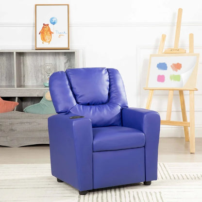 PVC Kids Recliner Chair with Push-Back Reclining Function, Cup Holder, and Comfortable Footres