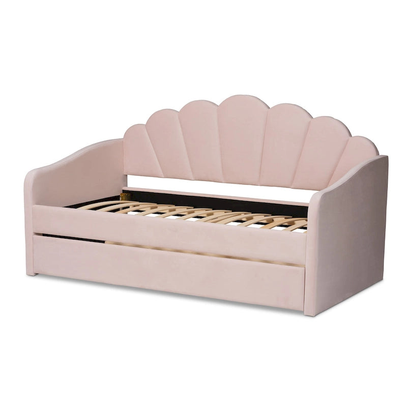 Timila Modern Velvet Upholstered Daybed with Trundle-Light Pink