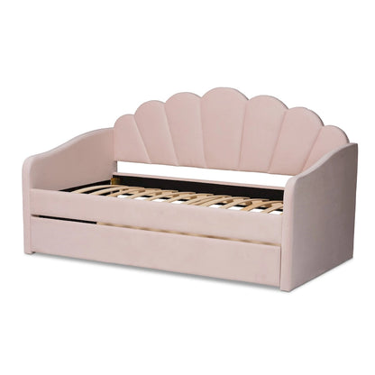 Timila Modern Velvet Upholstered Daybed with Trundle-Light Pink