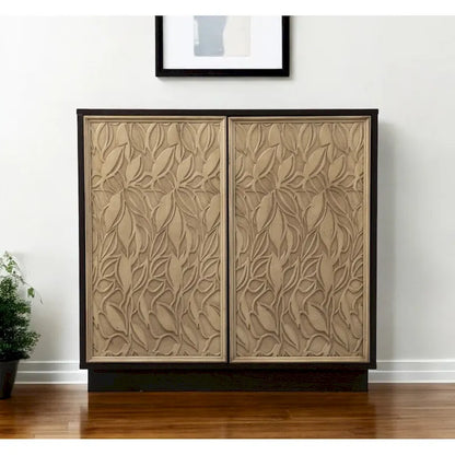 HomeRoots 32 Dark Brown And Natural Carved Floral Sideboard with Two Doors