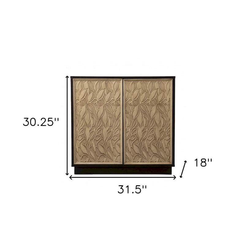 HomeRoots 32 Dark Brown And Natural Carved Floral Sideboard with Two Doors