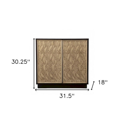 HomeRoots 32 Dark Brown And Natural Carved Floral Sideboard with Two Doors