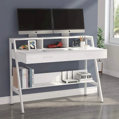 Computer Desk with 2 Drawers and Storage Shelves, Office Desk with Monitor Stand