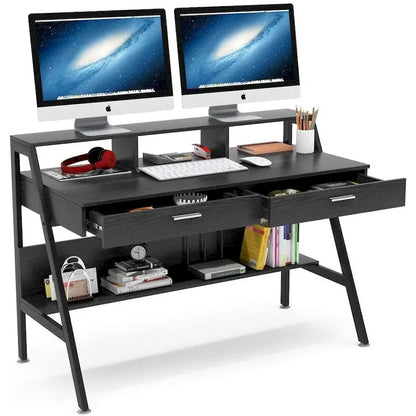Computer Desk with 2 Drawers and Storage Shelves, Office Desk with Monitor Stand