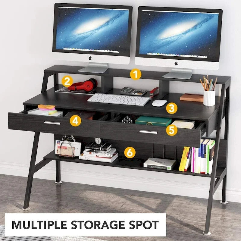 Computer Desk with 2 Drawers and Storage Shelves, Office Desk with Monitor Stand
