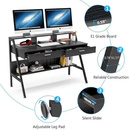 Computer Desk with 2 Drawers and Storage Shelves, Office Desk with Monitor Stand