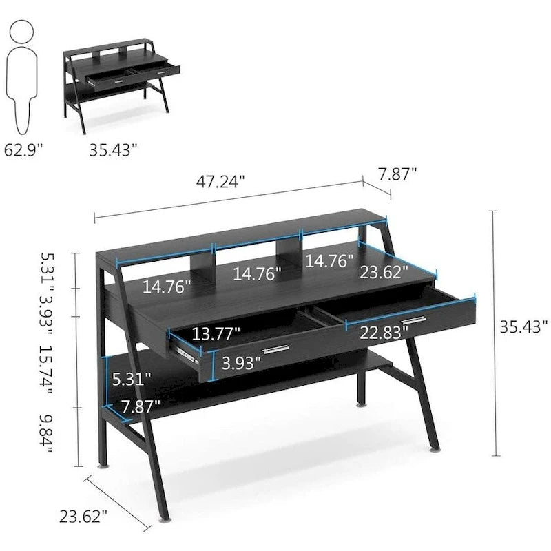 Computer Desk with 2 Drawers and Storage Shelves, Office Desk with Monitor Stand