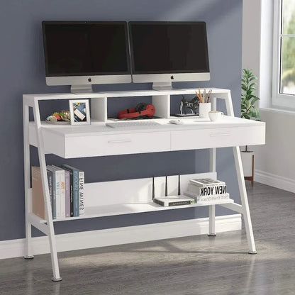 Computer Desk with 2 Drawers and Storage Shelves, Office Desk with Monitor Stand